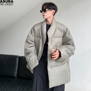 菱格V领羽绒服男加肥大码潮胖宽松小众设计感防风手套袖冬装外套