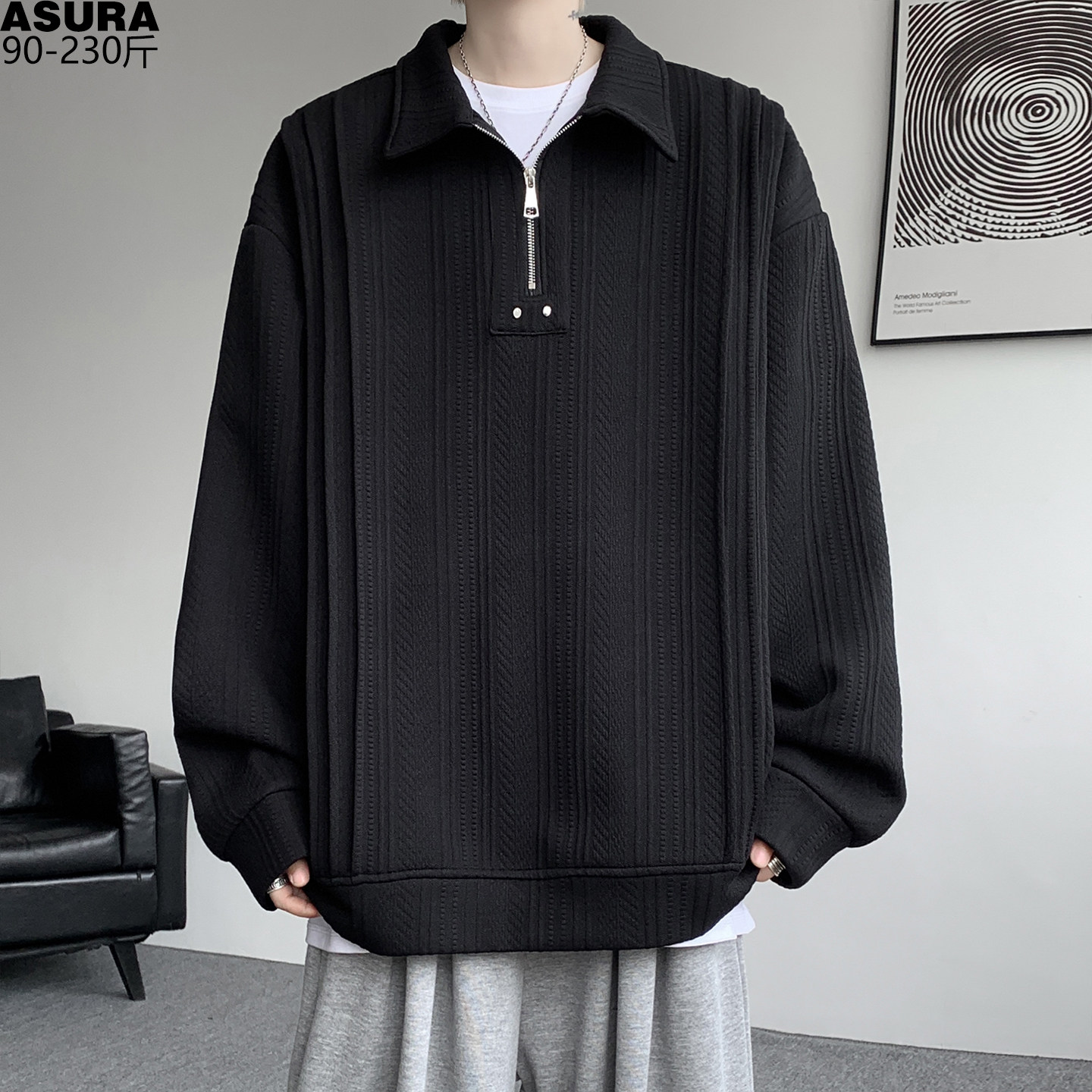 肌理感半拉链Polo领卫衣男加肥加大码潮流胖子宽松百搭秋季装休闲