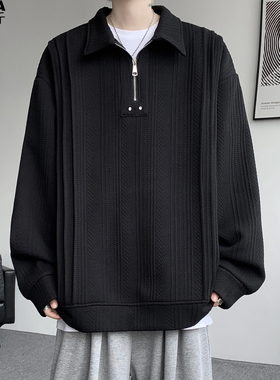 肌理感半拉链Polo领卫衣男加肥加大码潮流胖子宽松百搭春季装休闲