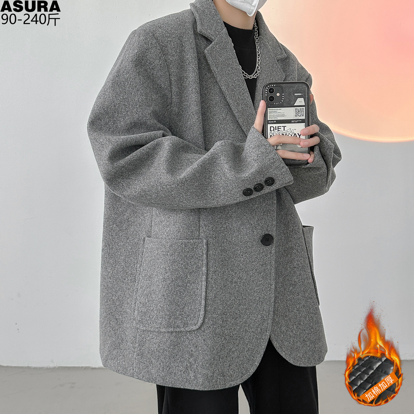 开叉中长款加棉厚毛呢西服外套男加肥大码潮流胖宽松韩版灰色大衣