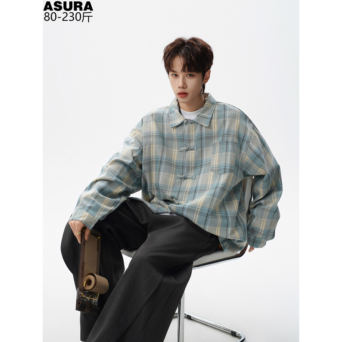 格子百搭长袖衬衫男学院风加肥加大码潮流胖宽松衬衣外套2026春季