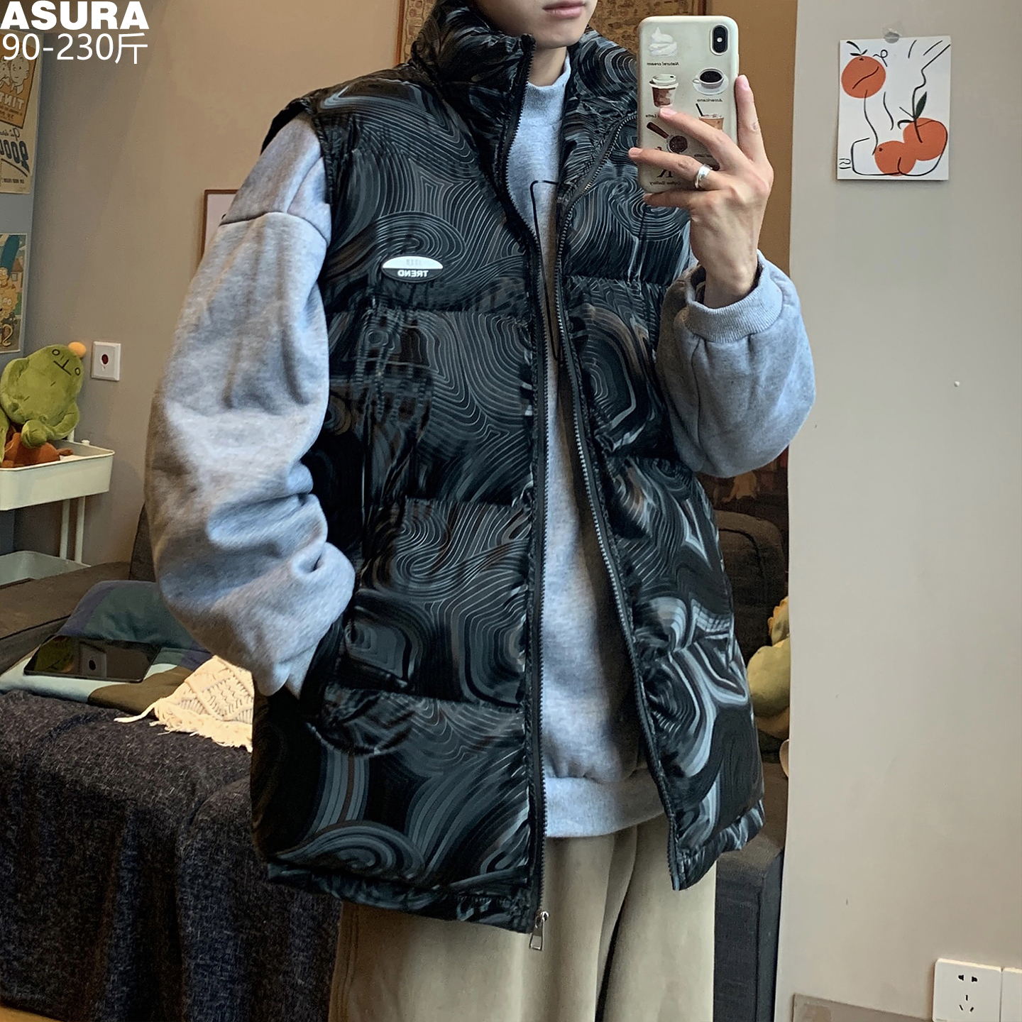 水波纹坎肩棉马甲背心男加肥加大码潮流胖子宽松无袖宽松冬季棉服