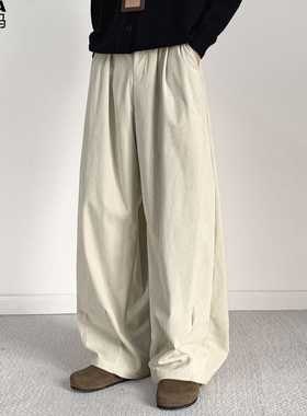 加绒厚款灯芯绒阔腿裤休闲长裤男加肥加大码潮牌胖子宽松秋冬复古