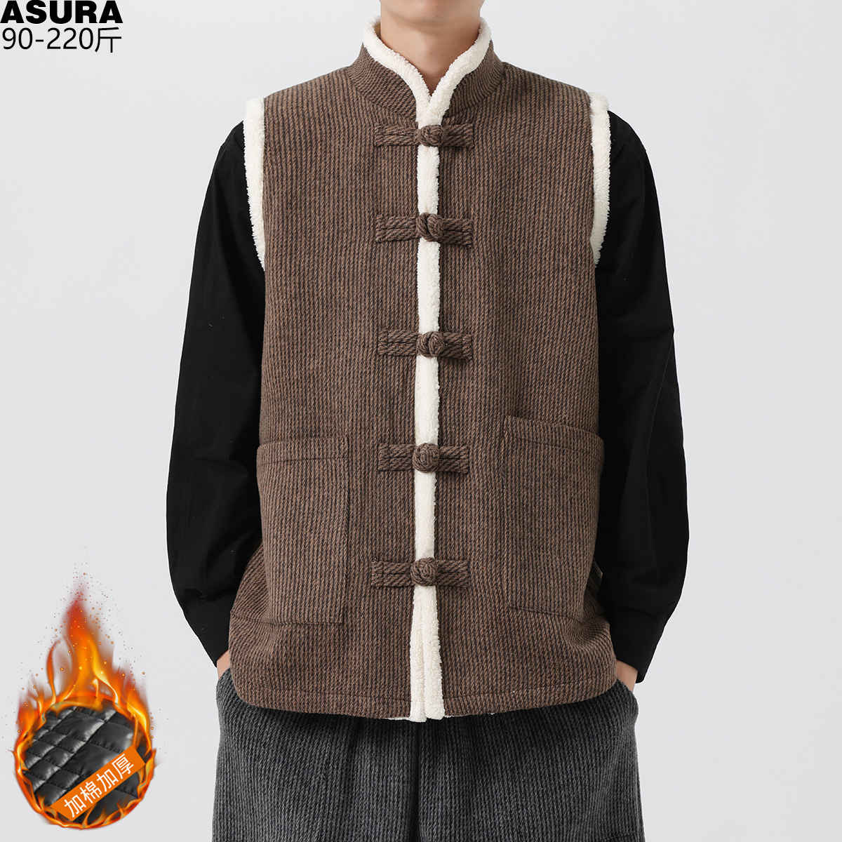 毛呢夹棉厚款棉马甲背心男加肥加大码潮牌胖子宽松中国风复古冬季