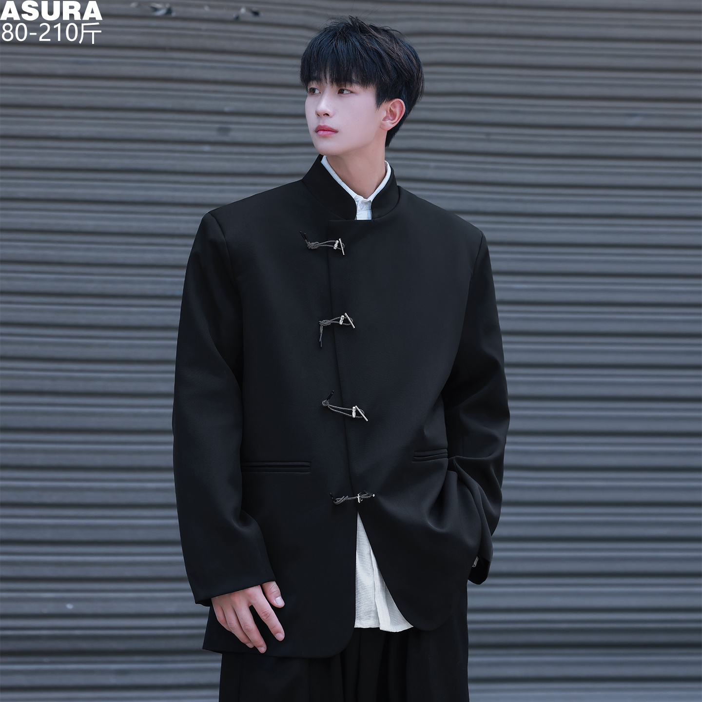 中式金属盘扣衣服男西装加肥加大码潮流胖子宽松黑色中山装秋季款