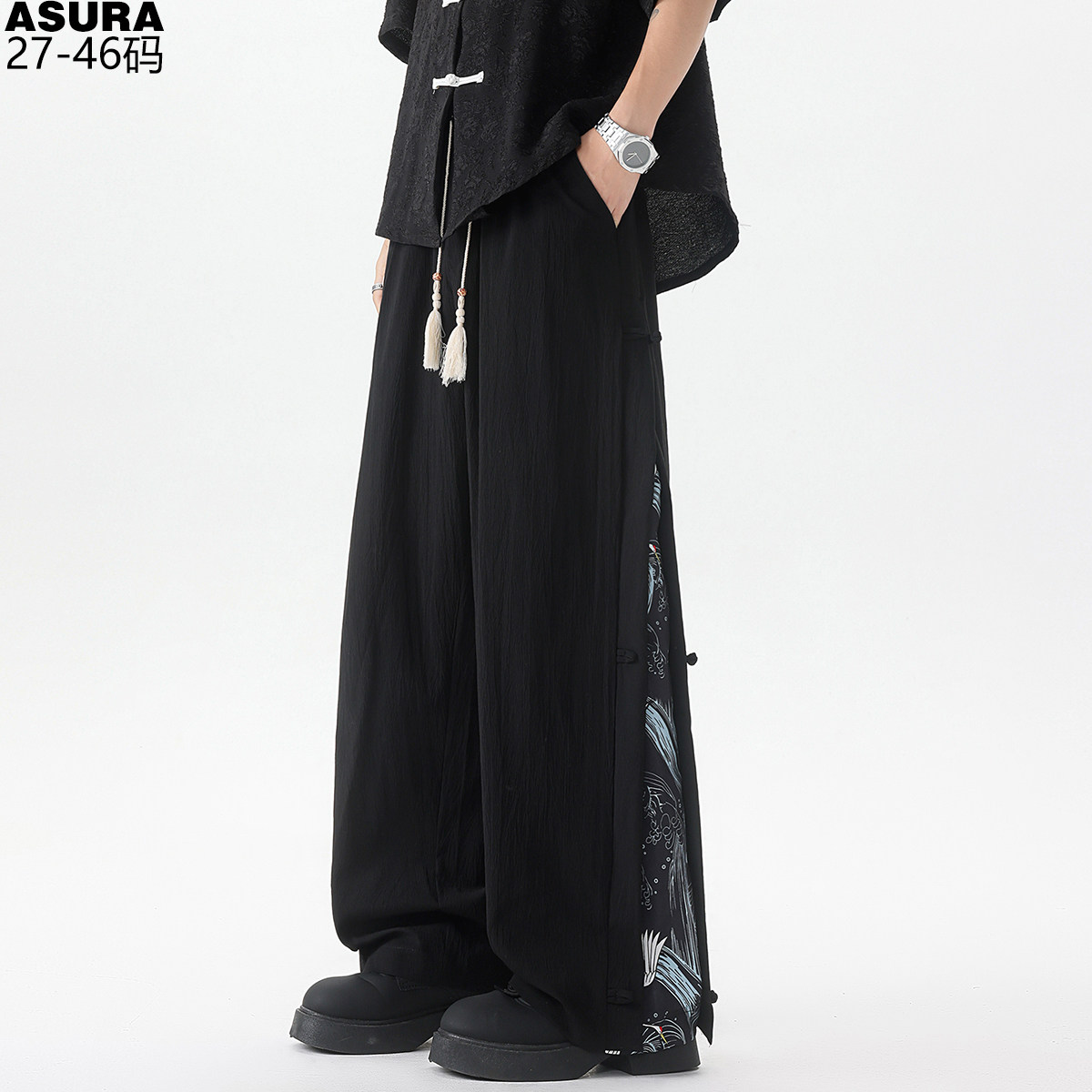 仙鹤弹力盘扣长裤子男加肥加大码直筒裤国潮牌胖宽松新中式夏季款