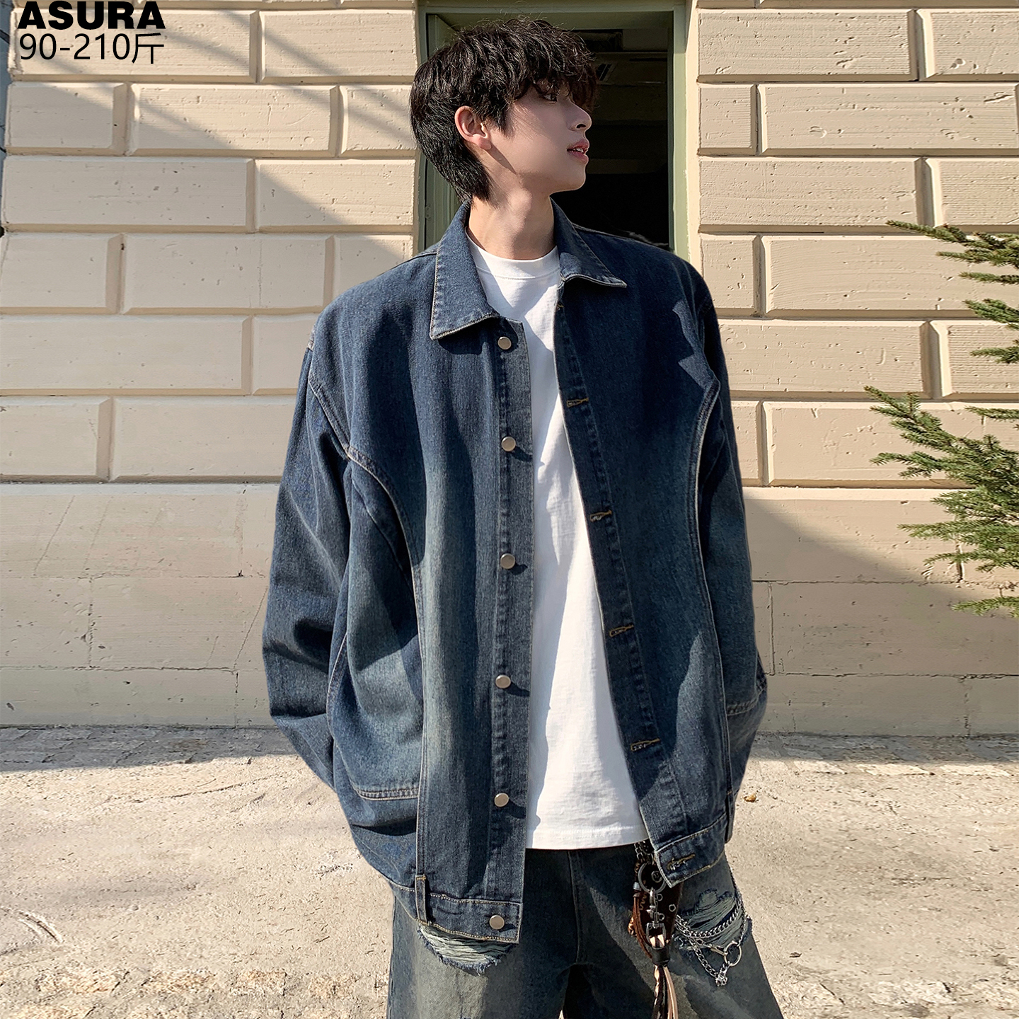 小众设计感解构复古牛仔夹克男加肥大码宽松外套潮牌胖子秋装痞帅