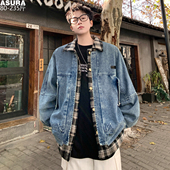 翻领假两件格子牛仔夹克男加肥加大码 街头痞帅 潮牌胖外套宽松春季