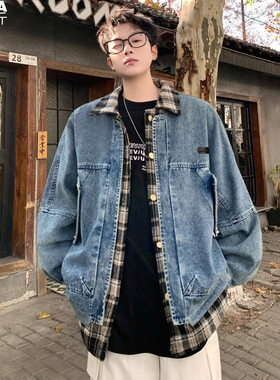 翻领假两件格子牛仔夹克男加肥加大码潮牌胖外套宽松春季街头痞帅