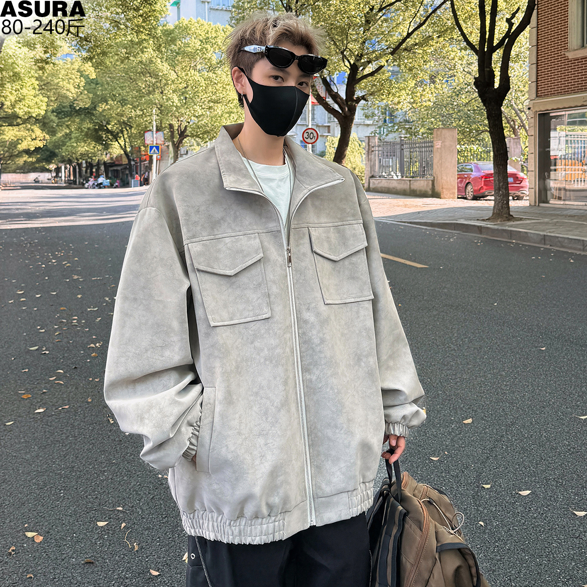 扎染PU皮外套男加肥加大码潮流胖子宽松痞帅休闲复古美式秋装上衣