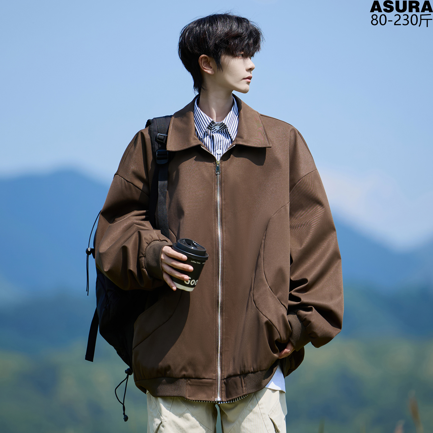 假两件衬衫领棒球服外套夹克男加肥加大码潮胖子宽松街头复古秋季