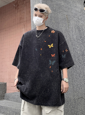 蝴蝶水洗纯棉重磅短袖T恤男女加肥大码潮牌胖子宽松上衣夏装街头
