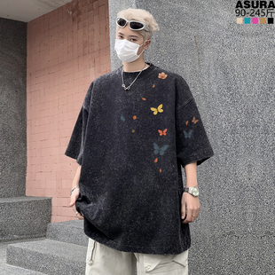 街头 潮牌胖子宽松上衣夏装 蝴蝶水洗纯棉重磅短袖 T恤男女加肥大码