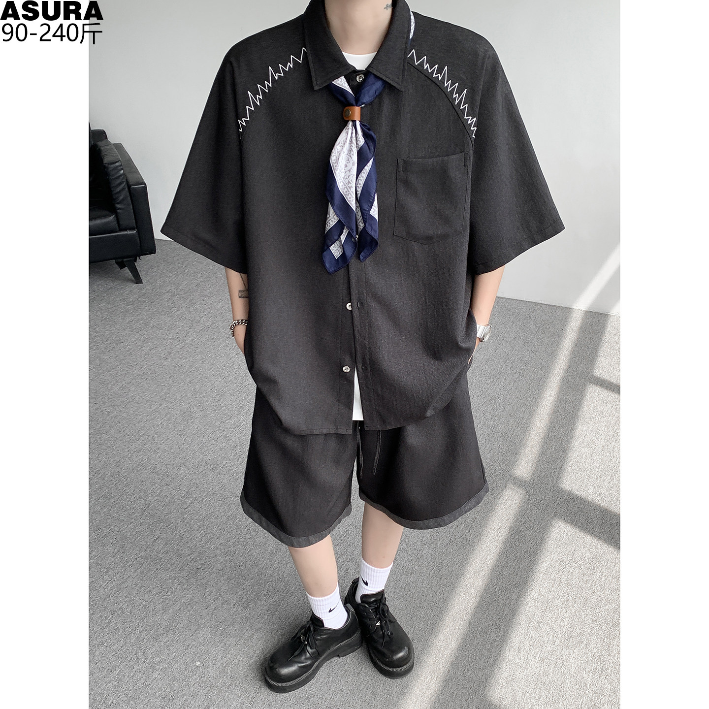 领带冰感牛仔短袖衬衫套装男短裤夏季加肥大码潮胖宽松休闲两件套