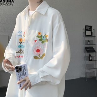 华夫格立体花朵刺绣衬衫男女加肥大码潮胖宽松休闲长袖衬衣少年感