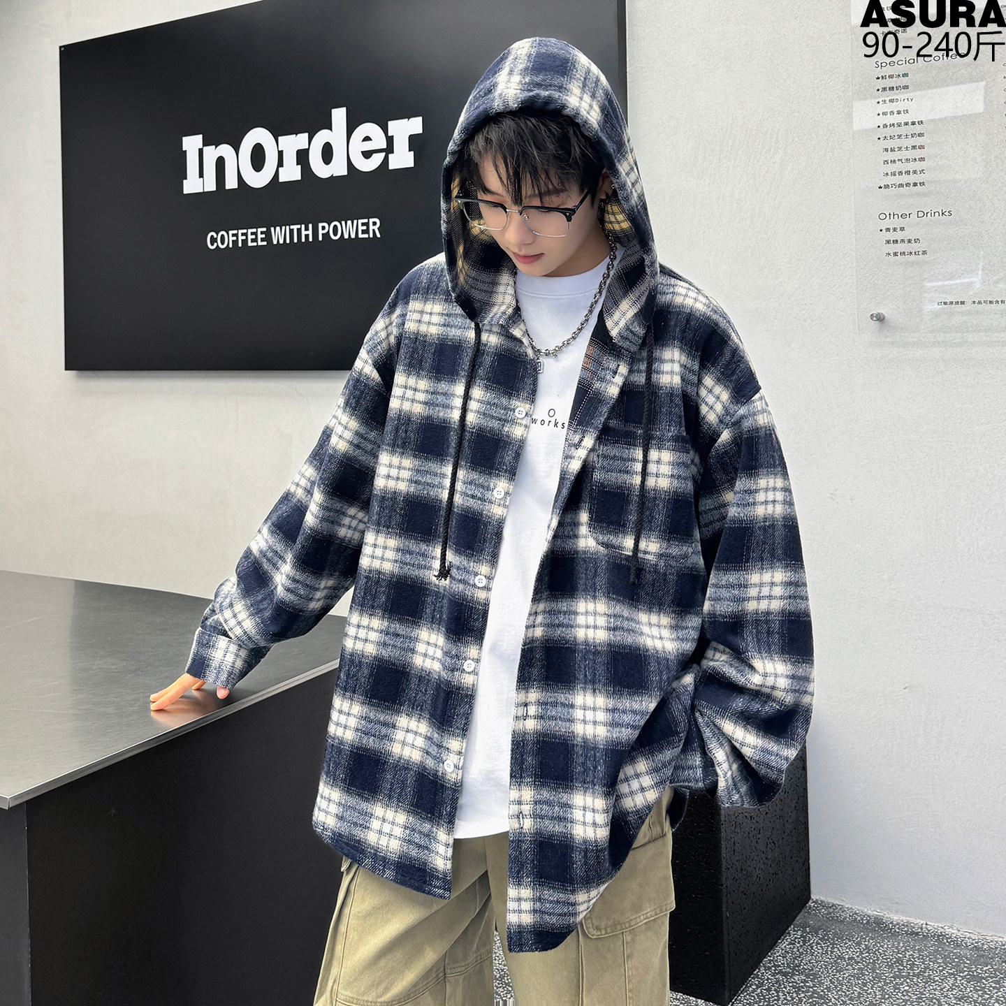 连帽格纹长袖衬衫男女加肥加大码潮胖宽松休闲叠穿oversize情侣款