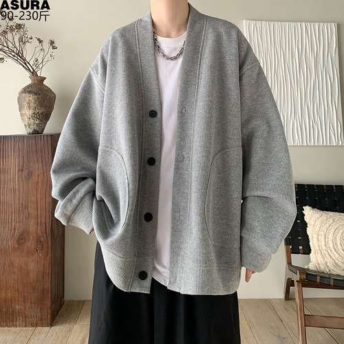 华夫格肌理V领开衫卫衣男女加肥大码潮牌胖子宽松慵懒风休闲外套