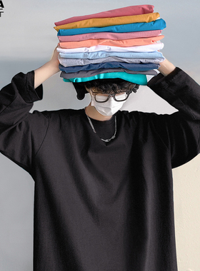 糖果色长袖T恤男加肥大码潮胖子宽松体纯棉衣服春秋季装百搭打底