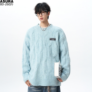 慵懒风编织麻花针织衫毛衣男加肥加大码潮牌胖子宽松情侣新款冬装