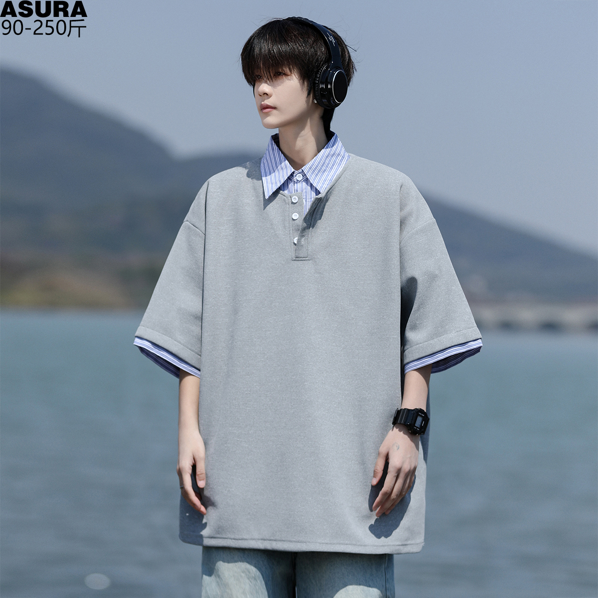 假两件条纹衬衫领Polo衫五分短袖T恤男加肥加大码潮胖子宽松夏装