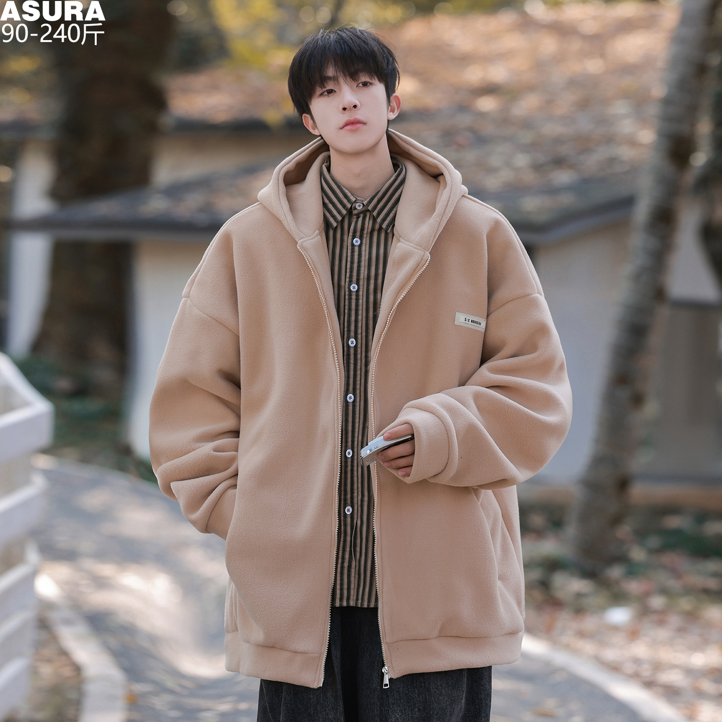 双面摇粒绒开衫连帽卫衣男加肥加大码潮流牌胖子宽松冬装外套厚款