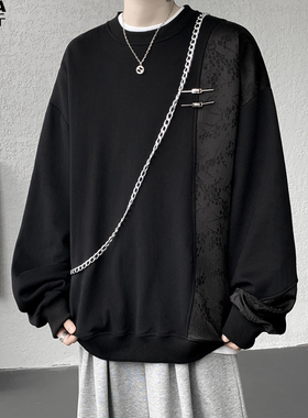 飞机扣拼接卫衣男加肥加大码潮流胖子宽松长袖T恤新中式秋季套头