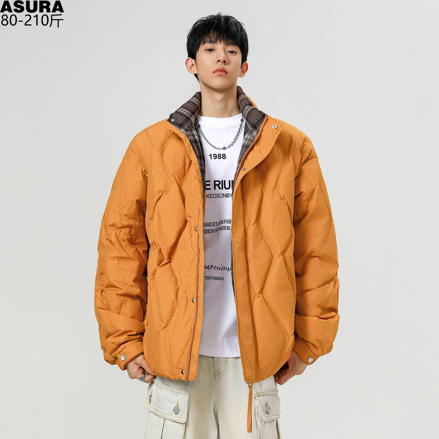 菱格压纹羽绒服立领冬季装外套男加肥加大码潮牌胖子宽松帅气痞帅