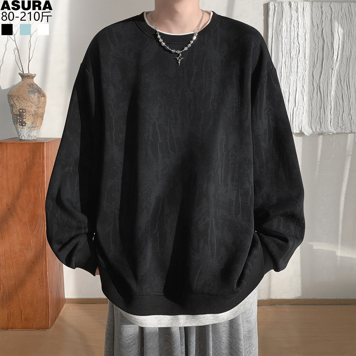 开衩假两件扎染卫衣男加肥外套