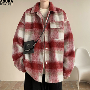 保暖 潮牌胖宽松棉服外套春天装 格子毛呢夹棉厚款 夹克男加肥加大码
