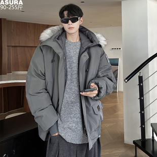 可拆卸毛领工装棉衣棉服袄男加肥加大码潮牌胖子宽松美式连帽冬装