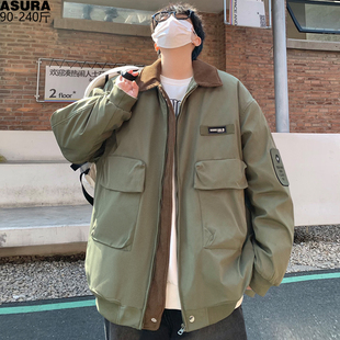 街头美式 潮胖宽松外套飞行衣厚夹克秋冬季 棉衣男加肥大码 拼料工装