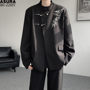 刺绣树叶新中式中山服西装男加肥加大码潮牌胖子宽松春季外套宴会