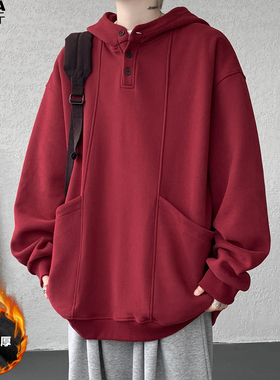 加绒厚款红色卫衣男加肥加大码潮流胖子宽松连帽百搭休闲美式春冬