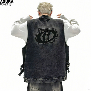 春新款刺绣毛边工装牛仔马甲男加肥大码潮胖宽松外套背心痞帅坎肩