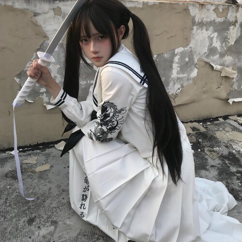 【白衫一裙】黑白麒麟原创jk制服裙暗黑不良长裙正版水手服套装