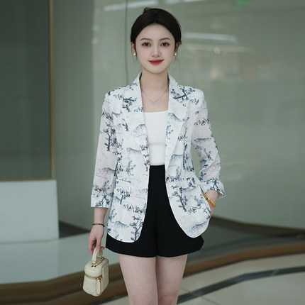 七分袖短款薄款透气网纱印花小西装西服女2025春新款大码外套上衣