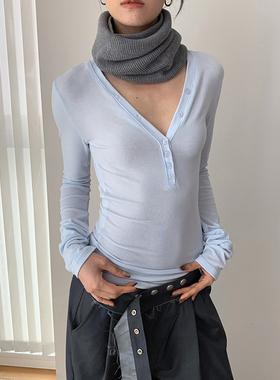 AMBOSC韩系温柔风天丝百搭V领长袖T恤女修身显瘦软糯亲肤内搭上衣
