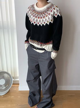 AMBOSC 韩国时髦费尔岛撞色针织圆领针织毛衣女复古提花套头上衣