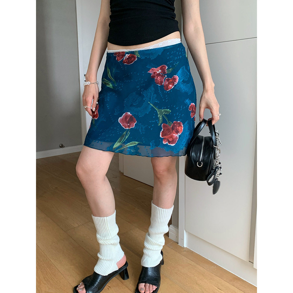 AMBOSC 夏季新品复古新中式网纱玫瑰印花半身裙高腰包臀A字短裙女