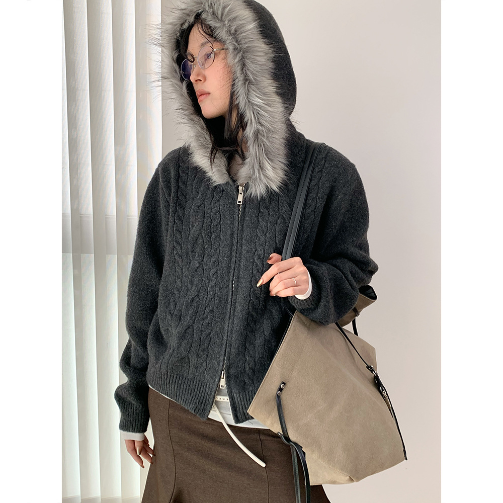 AMBOSC秋冬新品韩国复古修身麻花双拉链连帽毛领针织开衫百搭毛衣