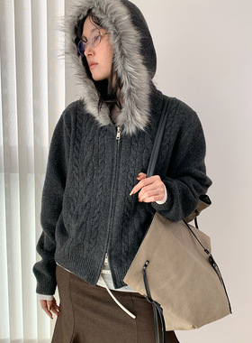 AMBOSC秋冬新品韩国复古修身麻花双拉链连帽毛领针织开衫百搭毛衣