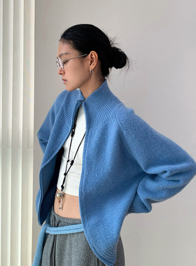 AMBOSC秋季新品韩国软糯双拉链立领纯色设计感毛衣开衫针织衫外套