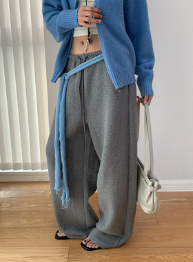 AMBOSC高品质博主舒适慵懒针织棉卫裤纹理抽绳窄腰弧形休闲裤女