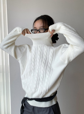 AMBOSC 白色韩国时髦提花高领针织毛衣女慵懒百搭套头针织衫上衣