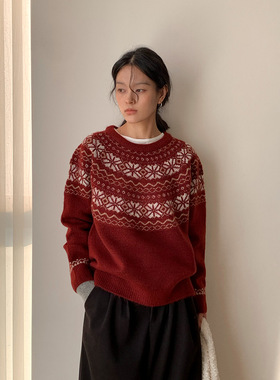 AMBOSC圣诞复古撞色费尔岛圆领长袖毛衣慵懒百搭保暖针织衫上衣