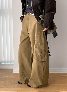 AMBOSC 四季款美式复古大口袋工装裤女vintage做旧弯刀直筒休闲裤