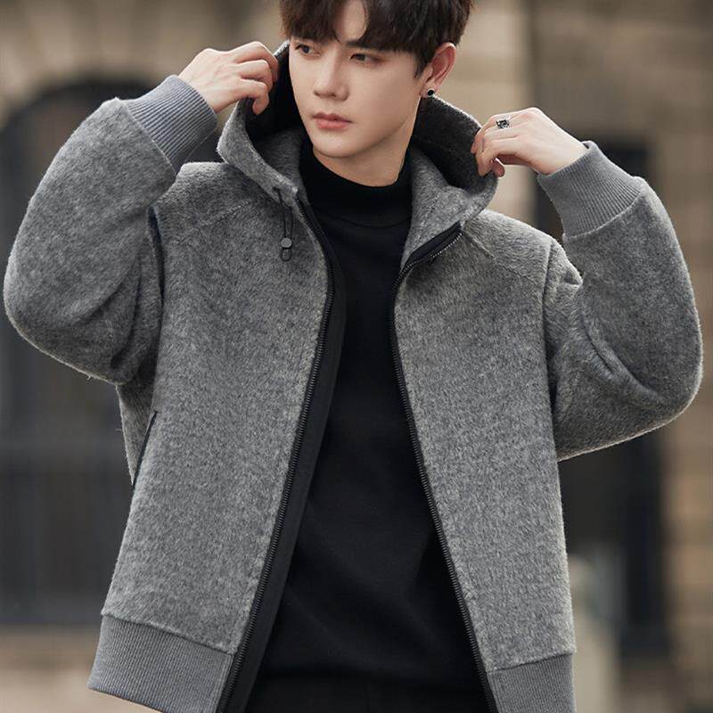 双面羊毛呢大衣男士秋冬季短款宽松连帽夹克青年休闲保暖高端外套