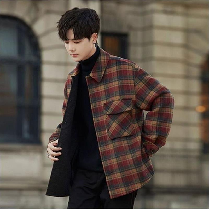 双面羊毛绒毛呢子大衣衬衫2025冬新款休闲短款打底红格痞帅外套