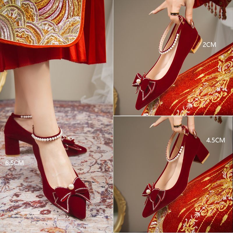 新娘结婚鞋礼服婚纱秀禾鞋女2023新款酒红色粗跟高跟不累脚孕妇鞋