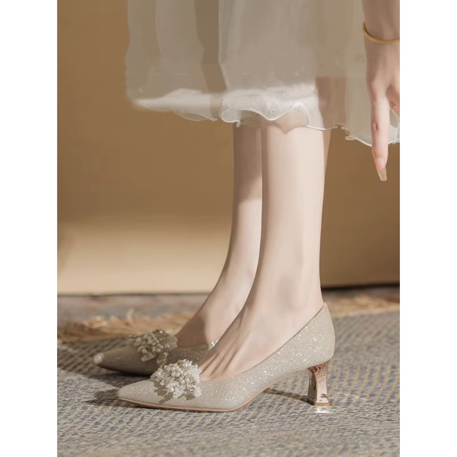 香槟色高跟鞋女粗跟不累脚珍珠婚鞋秀禾婚纱两穿新娘鞋日常可穿